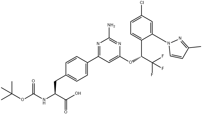 (S)-3-(4-(2-amino-6-((R)-1-(4-chloro-2-(3-methyl-1H-pyrazol-1-yl)phenyl)-2,2,2-trifluoroethoxy)pyrimidin-4-yl)phenyl)-2-(tert-butoxycarbonyl)propanoic acid 구조식 이미지