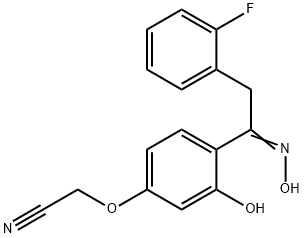 {4-[(1Z)-2-(2-fluorophenyl)-N-hydroxyethanimidoyl]-3-hydroxyphenoxy}acetonitrile 구조식 이미지