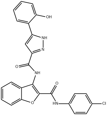 N-(2-((4-chlorophenyl)carbamoyl)benzofuran-3-yl)-5-(2-hydroxyphenyl)-1H-pyrazole-3-carboxamide 구조식 이미지