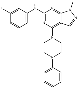 N-(3-fluorophenyl)-1-methyl-4-(4-phenylpiperazin-1-yl)-1H-pyrazolo[3,4-d]pyrimidin-6-amine 구조식 이미지