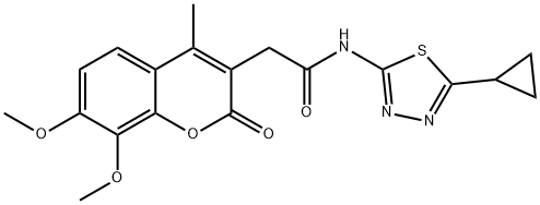 N-[(2E)-5-cyclopropyl-1,3,4-thiadiazol-2(3H)-ylidene]-2-(7,8-dimethoxy-4-methyl-2-oxo-2H-chromen-3-yl)acetamide 구조식 이미지