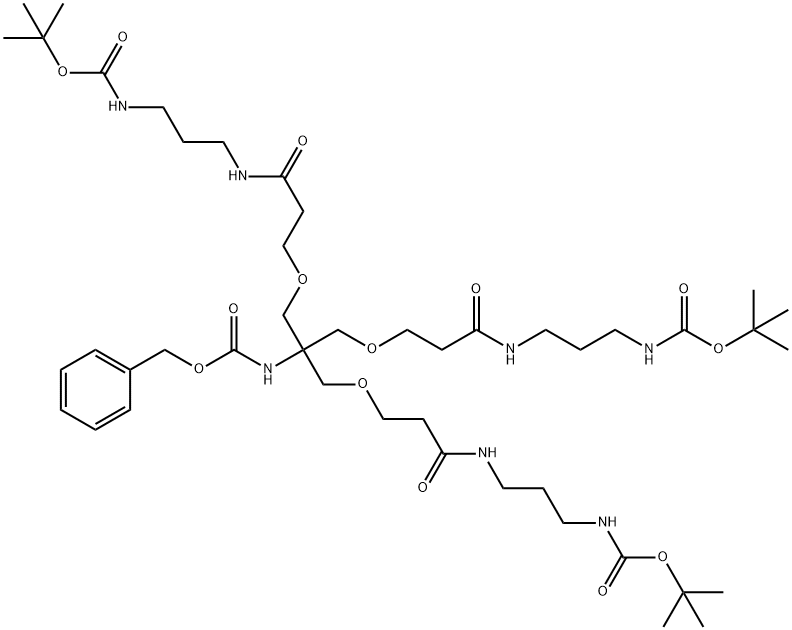 10,14-Dioxa-2,6,18,22-tetraazatricosanedioic acid, 12-(13,13-dimethyl-5,11-dioxo-2,12-dioxa-6,10-diazatetradec-1-yl)-7,17-dioxo-12-[[(phenylmethoxy)carbonyl]amino]-, 1,23-bis(1,1-dimethylethyl) ester Structure