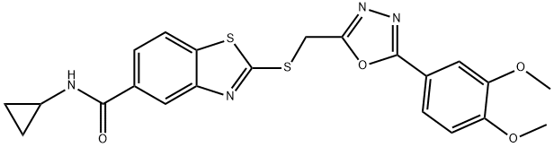 N-cyclopropyl-2-({[5-(3,4-dimethoxyphenyl)-1,3,4-oxadiazol-2-yl]methyl}sulfanyl)-1,3-benzothiazole-5-carboxamide 구조식 이미지