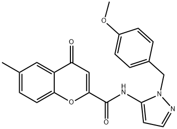 N-[1-(4-methoxybenzyl)-1H-pyrazol-5-yl]-6-methyl-4-oxo-4H-chromene-2-carboxamide 구조식 이미지