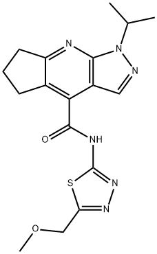 N-[(2E)-5-(methoxymethyl)-1,3,4-thiadiazol-2(3H)-ylidene]-1-(propan-2-yl)-1,5,6,7-tetrahydrocyclopenta[b]pyrazolo[4,3-e]pyridine-4-carboxamide 구조식 이미지
