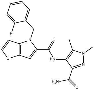 N-(3-carbamoyl-1,5-dimethyl-1H-pyrazol-4-yl)-4-(2-fluorobenzyl)-4H-furo[3,2-b]pyrrole-5-carboxamide 구조식 이미지