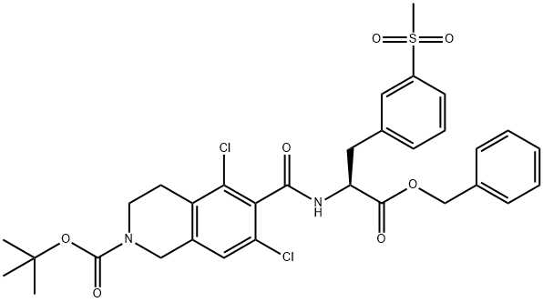2(1H)-Isoquinolinecarboxylic acid, 5,7-dichloro-3,4-dihydro-6-[[[(1S)-1-[[3-(methylsulfonyl)phenyl]methyl]-2-oxo-2-(phenylmethoxy)ethyl]amino]carbonyl]-, 1,1-dimethylethyl ester Structure