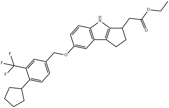 ethyl 2-(7-((4-cyclopentyl-3-(trifluoromethyl)benzyl)oxy)-1,2,3,4-tetrahydrocyclopenta[b]indol-3-yl)acetate(WXG02033) 구조식 이미지