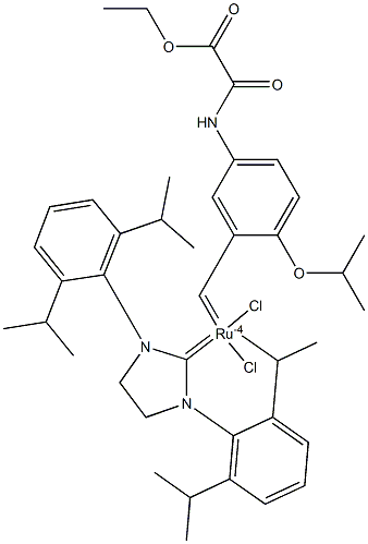 Dichloro[1,3-bis(2,6-diisopropylphenyl)imidazolidin-2-ylidene][(5-(2-ethoxy-2-oxoethanamido))-(2-isopropoxy)benzylidene]ruthenium(II) 구조식 이미지