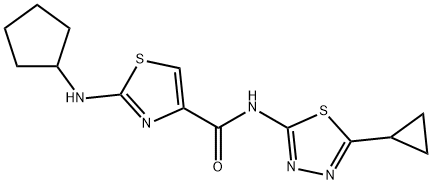 2-(cyclopentylamino)-N-[(2E)-5-cyclopropyl-1,3,4-thiadiazol-2(3H)-ylidene]-1,3-thiazole-4-carboxamide 구조식 이미지