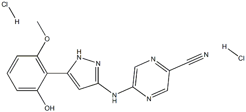 2-Pyrazinecarbonitrile, 5-[[5-(2-hydroxy-6-methoxyphenyl)-1H-pyrazol-3-yl]amino]-, dihydrochloride 구조식 이미지