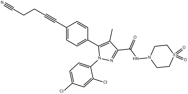 5-(4-[4-cyanobut-1-ynyl]phenyl)-1-(2,4-dichlorophenyl)-4-methyl-N-(1,1-dioxo-thiomorpholino)-1H-pyrazole-3-carboxamide 구조식 이미지