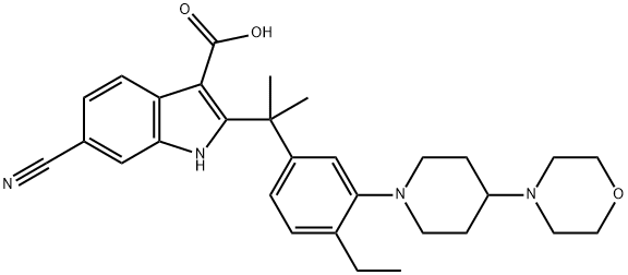 6-cyano-2-(2-(4-ethyl-3-(4-morpholinopiperidin-1-yl)phenyl)propan-2-yl)-1H-indole-3-carboxylic acid 구조식 이미지