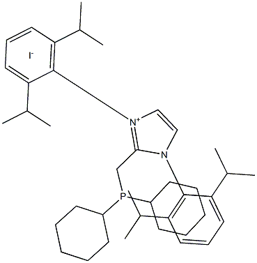 2-((Dicyclohexylphosphino)methyl)-1,3-bis(2,6-diisopropylphenyl)-1H-imidazol-3-ium iodide 구조식 이미지