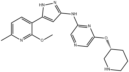 (R)-N-(3-(2-methoxy-6-methylpyridin-3-yl)-1H-pyrazol-5-yl)-6-(piperidin-3-yloxy)pyrazin-2-amine 구조식 이미지