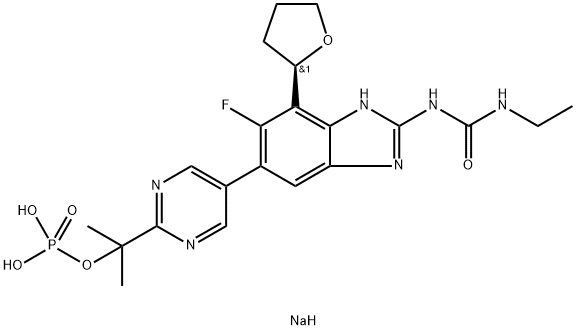 sodium(R)-2-(5-(2-(3-ethylureido)-6-fluoro-7-(tetrahydrofuran-2-yl)-1H-benzo[d]imidazol-5-yl)pyrimidin-2-yl)propan-2-ylphosphate Structure