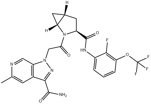 1-(2-((1R,3S,5R)-3-((2-fluoro-3-(trifluoromethoxy)phenyl)carbamoyl)-2-azabicyclo[3.1.0]hexan-2-yl)-2-oxoethyl)-5-methyl-1H-pyrazolo[3,4-c]pyridine-3-carboxamide 구조식 이미지