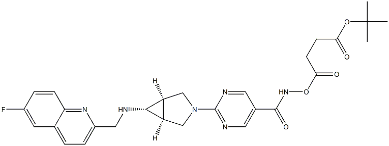 Butanedioic acid, 1-(1,1-dimethylethyl) 4-[[[2-  [(1a,5a,6a)-6-[[(6-fluoro-2-  quinolinyl)methyl]amino]-3-azabicyclo[3.1.0]hex-  3-yl]-5-pyrimidinyl]carbonyl]azanyl] ester Structure