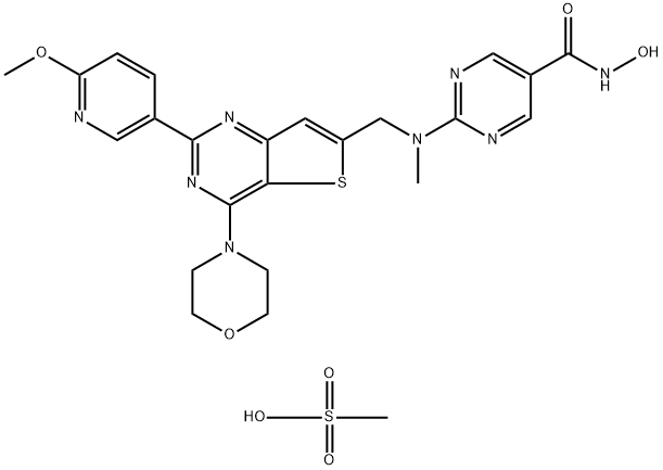 N-hydroxy-2-(((2-(6-methoxypyridin-3-yl)-4-morpholinothieno[3,2-d]pyrimidin-6-yl)methyl)(methyl)amino)pyrimidine-5-carboxamidemethanesulfonate Structure