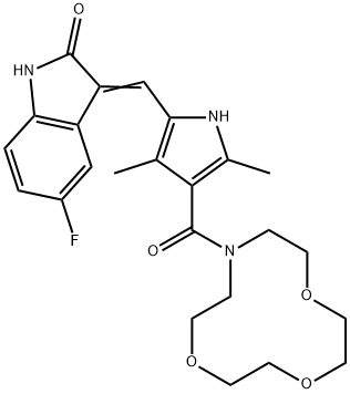 (Z)-3-((3,5-dimethyl-4-(1,4,7-trioxa-10-azacyclododecane-10-carbonyl)-1H-pyrrol-2-yl)methylene)-5-fluoroindolin-2-one 구조식 이미지