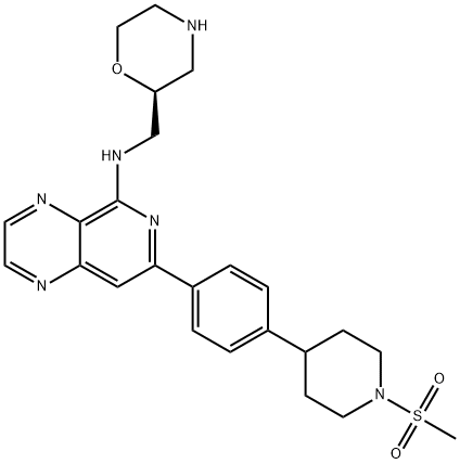 (S)-7-(4-(1-(methylsulfonyl)piperidin-4-yl)phenyl)-N-(morpholin-2-ylmethyl)pyrido[3,4-b]pyrazin-5-amine Structure