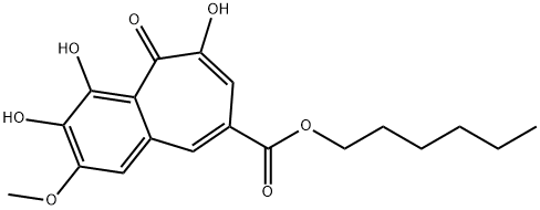 5H-Benzocycloheptene-8-carboxylic acid, 3,4,6-trihydroxy-2-methoxy-5-oxo-, hexyl ester Structure