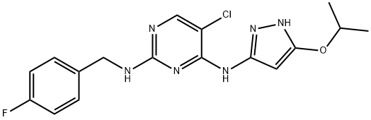 5-Chloro-N2-(4-fluorobenzyl)-N4-(5-isopropoxy-1H-pyrazol-3-yl)pyrimidine-2,4-diamine 구조식 이미지