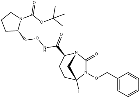 tert-butyl (2S)-2-((((2S,5R)-6-(benzyloxy)-7-oxo-1,6-diazabicyclo[3.2.1]octane-2-carboxamido)oxy)methyl)pyrrolidine-1-carboxylate Structure