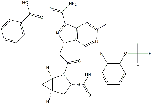 1-(2-((1R,3S,5R)-3-((2-fluoro-3-(trifluoromethoxy)phenyl)carbamoyl)-2-azabicyclo[3.1.0]hexan-2-yl)-2-oxoethyl)-5-methyl-1H-pyrazolo[3,4-c]pyridine-3-carboxamide benzoate Structure