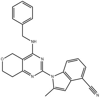 1-(4-(benzylamino)-7,8-dihydro-5H-pyrano[4,3-d]pyrimidin-2-yl)-2-methyl-1H-indole-4-carbonitrile 구조식 이미지