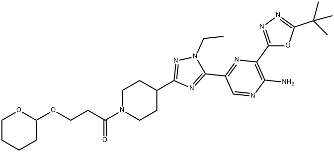 1-(4-(5-(5-amino-6-(5-tert-butyl-1,3,4-oxadiazol-2-yl)pyrazin-2-yl)-1-ethyl-1H-1,2,4-triazol-3-yl)piperidin-1-yl)-3-(tetrahydro-2H-pyran-2-yloxy)propan-1-one Structure