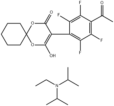 N-Ethyl-N-isopropylpropan-2-aminium 3-(4-Acetyl-2,3,5,6-tetrafluorophenyl)-4-oxo-1,5-dioxaspiro[5.5]-undec-2-en-2-olate 구조식 이미지