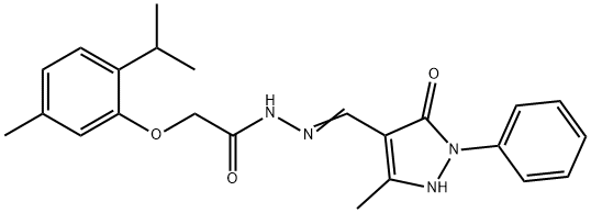 (E)-2-(2-isopropyl-5-methylphenoxy)-N'-((5-methyl-3-oxo-2-phenyl-2,3-dihydro-1H-pyrazol-4-yl)methylene)acetohydrazide 구조식 이미지