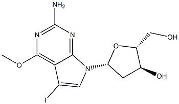 (2R,3S,5R)-5-(2-amino-5-iodo-4-methoxy-7H-pyrrolo[2,3-d]pyrimidin-7-yl)-2-(hydroxymethyl)tetrahydrofuran-3-ol 구조식 이미지