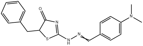 (2E)-5-benzyl-2-{(2E)-[4-(dimethylamino)benzylidene]hydrazinylidene}-1,3-thiazolidin-4-one Structure