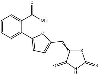 (E)-2-(5-((4-oxo-2-thioxothiazolidin-5-ylidene)methyl)furan-2-yl)benzoic acid Structure