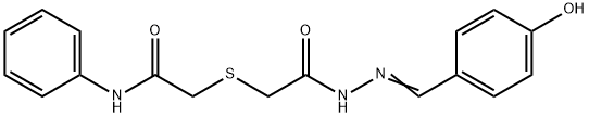 (E)-2-((2-(2-(4-hydroxybenzylidene)hydrazinyl)-2-oxoethyl)thio)-N-phenylacetamide 구조식 이미지