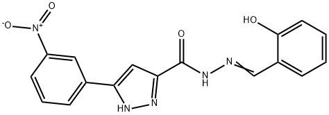 N'-[(E)-(2-hydroxyphenyl)methylidene]-3-(3-nitrophenyl)-1H-pyrazole-5-carbohydrazide 구조식 이미지