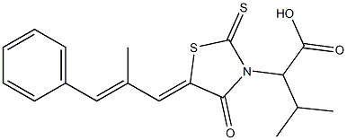 3-methyl-2-{(5Z)-5-[(2E)-2-methyl-3-phenylprop-2-en-1-ylidene]-4-oxo-2-thioxo-1,3-thiazolidin-3-yl}butanoic acid 구조식 이미지