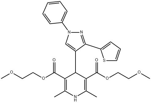 bis(2-methoxyethyl) 2,6-dimethyl-4-[1-phenyl-3-(thiophen-2-yl)-1H-pyrazol-4-yl]-1,4-dihydropyridine-3,5-dicarboxylate 구조식 이미지