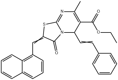 ethyl (2E)-7-methyl-2-(naphthalen-1-ylmethylidene)-3-oxo-5-[(E)-2-phenylethenyl]-2,3-dihydro-5H-[1,3]thiazolo[3,2-a]pyrimidine-6-carboxylate 구조식 이미지