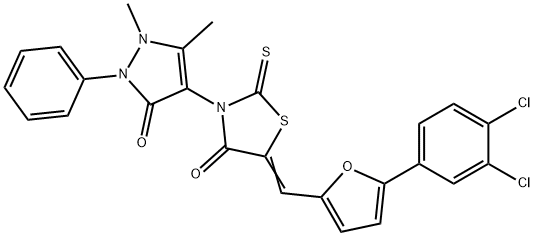 (5E)-5-{[5-(3,4-dichlorophenyl)furan-2-yl]methylidene}-3-(1,5-dimethyl-3-oxo-2-phenyl-2,3-dihydro-1H-pyrazol-4-yl)-2-thioxo-1,3-thiazolidin-4-one Structure