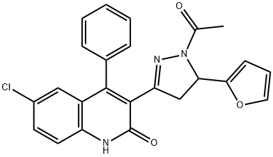 1-(3-(6-chloro-2-hydroxy-4-phenylquinolin-3-yl)-5-(furan-2-yl)-4,5-dihydro-1H-pyrazol-1-yl)ethanone 구조식 이미지