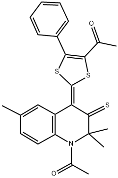 1-[(4Z)-4-(4-acetyl-5-phenyl-1,3-dithiol-2-ylidene)-2,2,6-trimethyl-3-thioxo-3,4-dihydroquinolin-1(2H)-yl]ethanone Structure