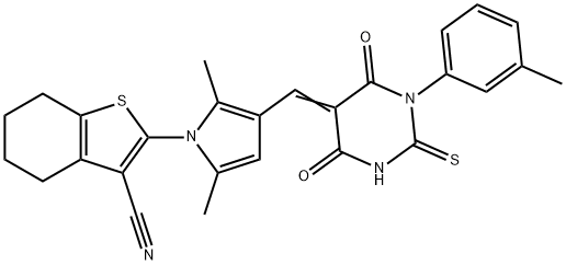 2-(2,5-dimethyl-3-{(E)-[1-(3-methylphenyl)-4,6-dioxo-2-thioxotetrahydropyrimidin-5(2H)-ylidene]methyl}-1H-pyrrol-1-yl)-4,5,6,7-tetrahydro-1-benzothiophene-3-carbonitrile 구조식 이미지