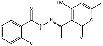 (E)-2-chloro-N'-(1-(4-hydroxy-6-methyl-2-oxo-2H-pyran-3-yl)ethylidene)benzohydrazide 구조식 이미지