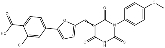 (Z)-2-chloro-4-(5-((1-(4-methoxyphenyl)-4,6-dioxo-2-thioxotetrahydropyrimidin-5(2H)-ylidene)methyl)furan-2-yl)benzoic acid Structure