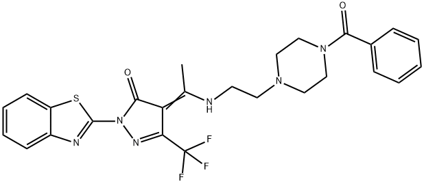 (4E)-2-(1,3-benzothiazol-2-yl)-4-[1-({2-[4-(phenylcarbonyl)piperazin-1-yl]ethyl}amino)ethylidene]-5-(trifluoromethyl)-2,4-dihydro-3H-pyrazol-3-one 구조식 이미지