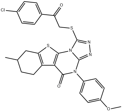 1-((2-(4-chlorophenyl)-2-oxoethyl)thio)-4-(4-methoxyphenyl)-8-methyl-6,7,8,9-tetrahydrobenzo[4,5]thieno[3,2-e][1,2,4]triazolo[4,3-a]pyrimidin-5(4H)-one 구조식 이미지