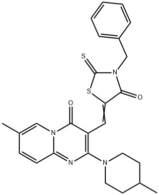 3-[(3-benzyl-4-oxo-2-thioxo-1,3-thiazolidin-5-ylidene)methyl]-7-methyl-2-(4-methyl-1-piperidinyl)-4H-pyrido[1,2-a]pyrimidin-4-one Structure